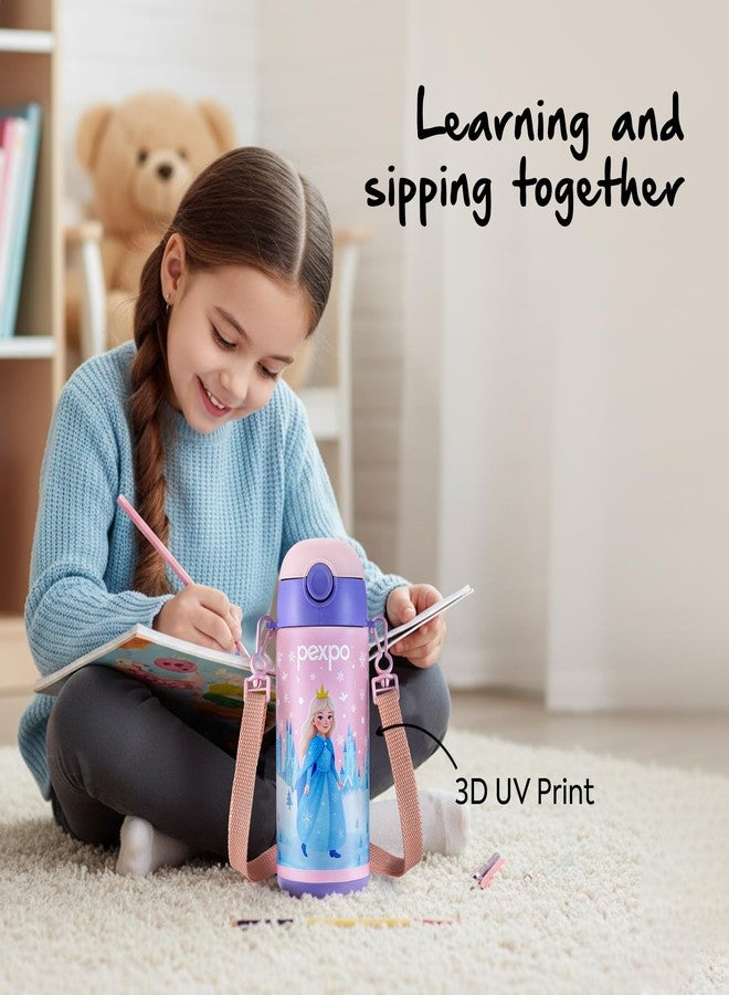Pexpo Pixy ISI Certified Stainless Steel Water Bottle for School Kids - 300ml | Hot & Cold Vacuum Insulated Flask | Leak Proof | Carry Strap | School, Picnic, Sports - Pink Frozen Doll UV Print - Image 3